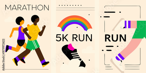 Colorful illustration depicting runners a rainbow and text promoting a running event