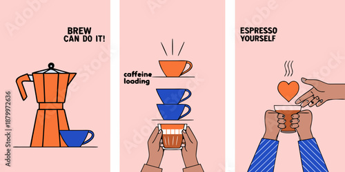 Coffee brewing process illustrated with a moka pot cup and hands