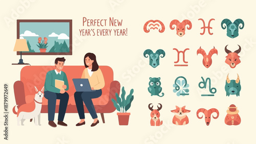 Couple on sofa with dog and laptop, surrounded by zodiac symbols