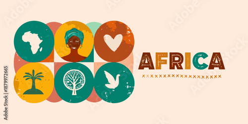 Colorful africa design featuring icons silhouettes and the continent s name