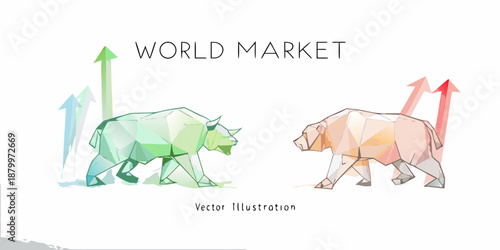 Polygonal bull and bear illustration representing a world market trend and growth