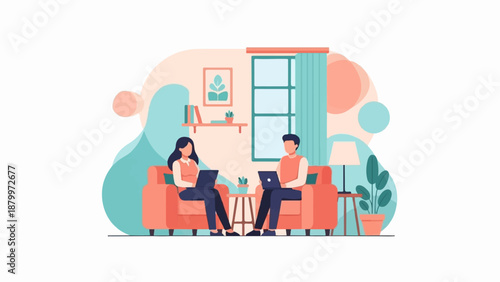 Couple working on laptops in a cozy living room (1)