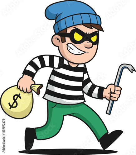 Cartoon thief character, burglary illustration, masked robber running, striped shirt, crowbar, money bag, crime concept, vector art, security, cartoon style