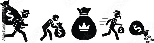 Thief silhouette running with money bag, crime icon, financial theft illustration, robbery concept, stolen cash, black figure, dollar sign