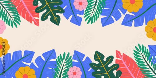 A vibrant tropical frame featuring colorful flowers and lush green foliage