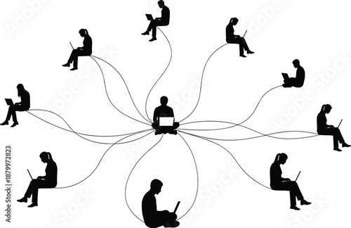 Remote collaboration network, laptop hub illustration, digital connectivity concept, online teamwork, virtual communication, technology sharing, work from home, connected people