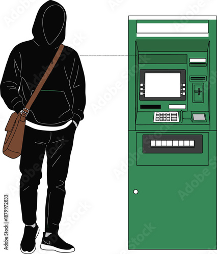 Urban kiosk transaction, person using machine, public service access, ticket payment, transportation kiosk, hooded sweatshirt, crossbody bag, modern city scene