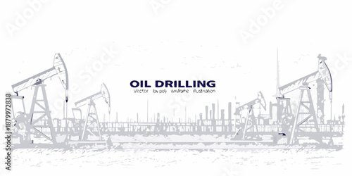 Blueprint style illustration depicts oil drilling rigs in a landscape setting