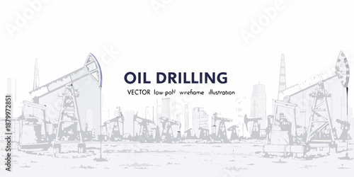 Blueprint style illustration of oil drilling rigs and industrial landscape