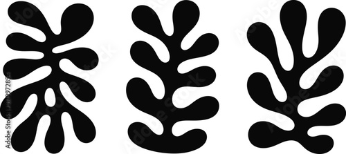 Three unique black organic abstract shapes with flowing curves on a pristine white background