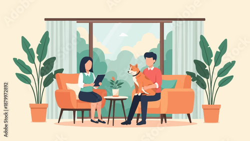 Couple on sofa with dog and plants, indoor scene