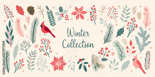 Festive winter botanical illustration with cardinal birds and seasonal foliage