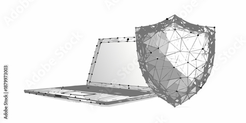 Digital security concept laptop protected by a polygonal network shield