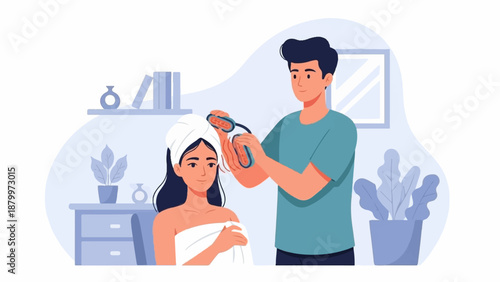 Couple enjoying a relaxing beauty treatment with hair massager