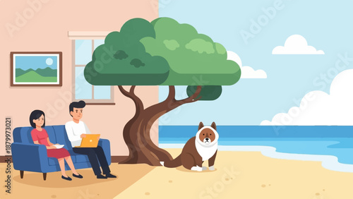 Couple on sofa with laptop and dog on beach under tree with ocean view
