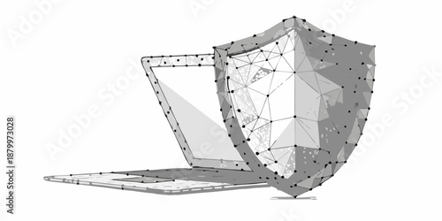Laptop protected by a polygonal shield representing cybersecurity and data safety