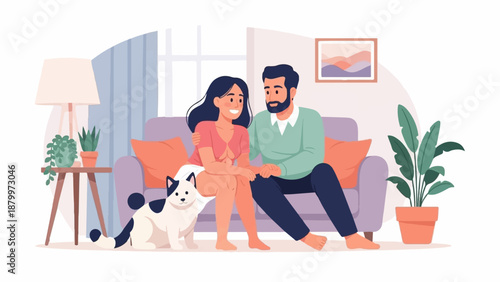 Couple on sofa with pet dog and plants, cozy home scene