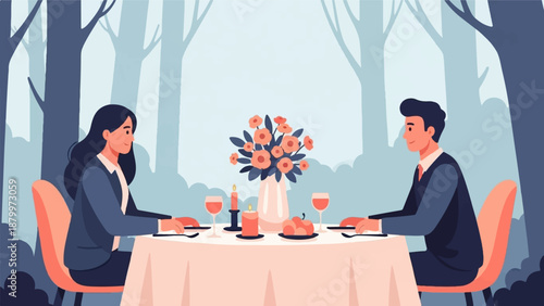 Couple enjoying a romantic candlelit dinner outdoors amidst a misty forest backdrop