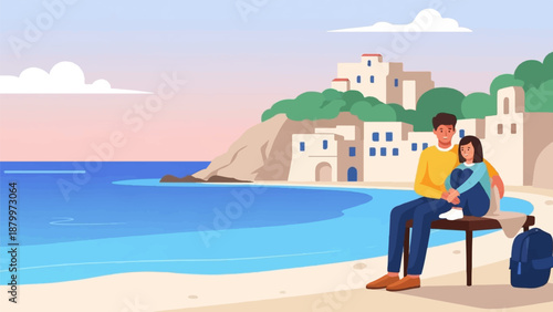 Couple enjoying a serene beach view with Mediterranean architecture in the background