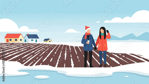 Couple enjoying a winter stroll through a snowy landscape with houses