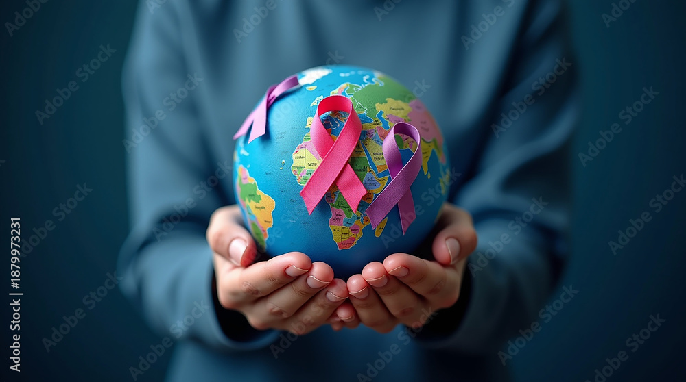 custom made wallpaper toronto digitalWorld cancer day February 4. Hand holding colorful awareness ribbons on world map. Healthcare and medical concept