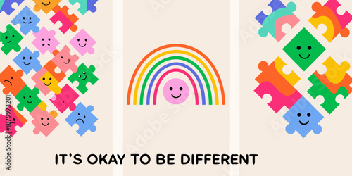 Colorful puzzle pieces and a rainbow promote acceptance and inclusivity