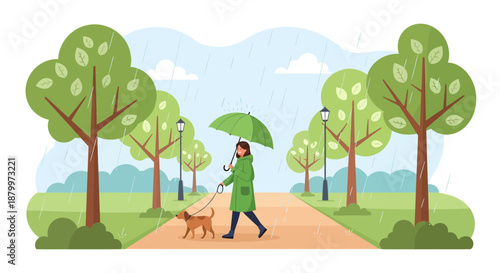 Woman walking dog on leash outside.