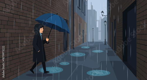 Woman walking alone with blue umbrella.