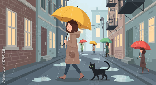 Woman walking with black cat umbrella.