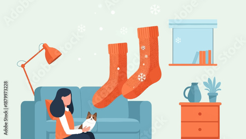 Cozy indoor scene with a person, pet, and festive winter socks