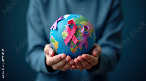 Wallpaper Mural World cancer day February 4. Hand holding colorful awareness ribbons on world map. Healthcare and medical concept Torontodigital.ca