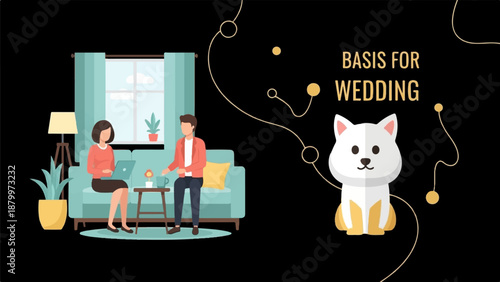 Couple planning wedding with dog, living room setting