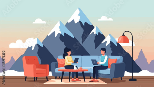 Couple working on laptops in a cozy living room with snowy mountains