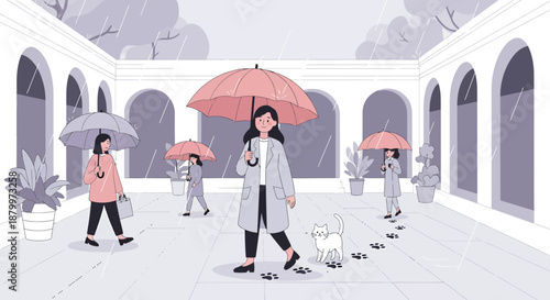 Woman walking with dog and umbrella.