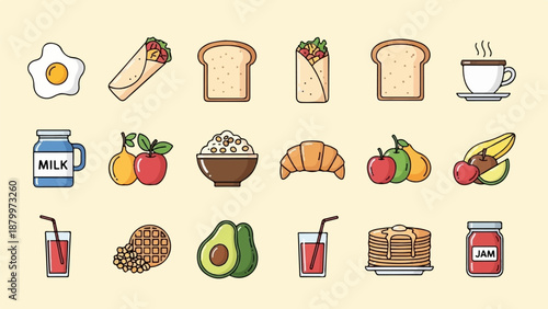 Collection of cartoon food icons for breakfast meals, drinks, and fruits