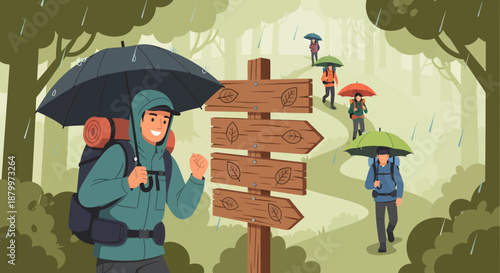 Woman with backpack and umbrella walking.