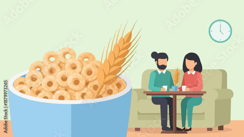 Couple enjoying breakfast with cereal and wheat stalk