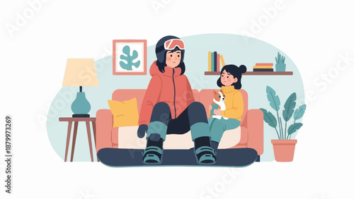 Cozy indoor scene with a snowboarder, a child, a dog, and home decor