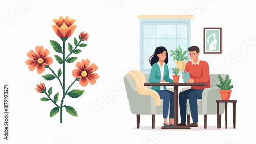 Couple enjoying coffee at a cafe with pixelated floral decor
