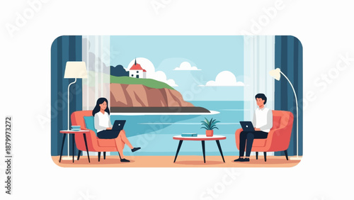 Couple working on laptops in armchairs with ocean cliff view