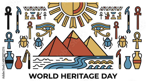 Vibrant World Heritage Day celebration with ancient Egyptian symbols