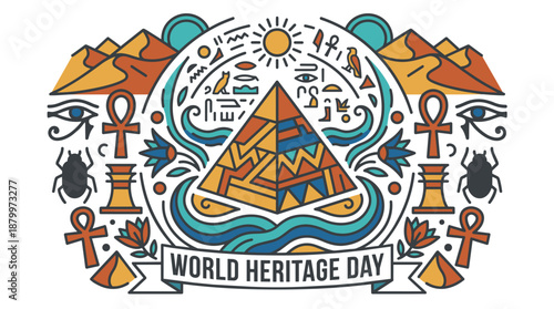 Vibrant World Heritage Day celebration with Egyptian pyramids and symbols