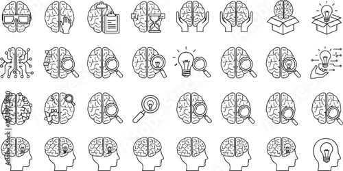 Collection of Creative Brain and Intelligence Icons Featuring Magnifying Glasses Light Bulbs Circuit Patterns and Human Profiles in Black Line Art Vector Set.
