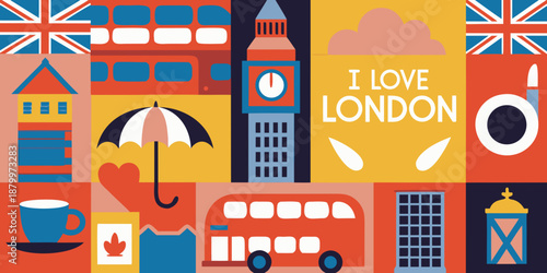 Colorful illustration of iconic london landmarks and symbols a vibrant travel poster