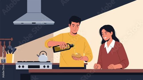 Couple preparing food in a modern kitchen with a stove, kettle, and cooking utensils