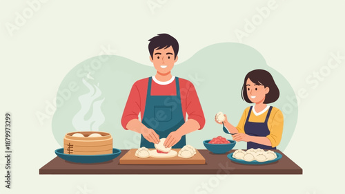 Couple preparing dumplings together in a cozy kitchen setting