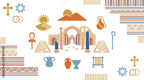 Vibrant ancient symbols and landmarks in warm desert colors