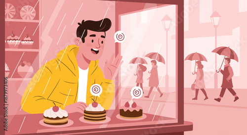 Man looking at cakes in shop.