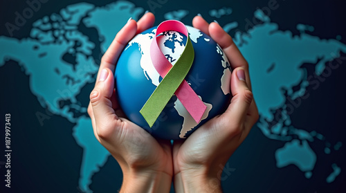 Wallpaper Mural World cancer day February 4. Hand holding colorful awareness ribbons on world map. Healthcare and medical concept Torontodigital.ca