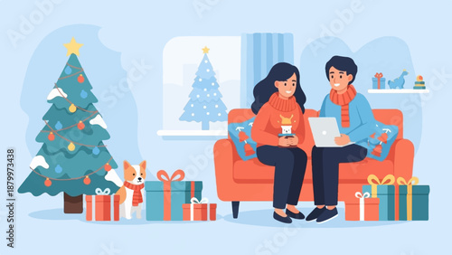 Couple and dog enjoy Christmas holiday indoors with gifts and tree